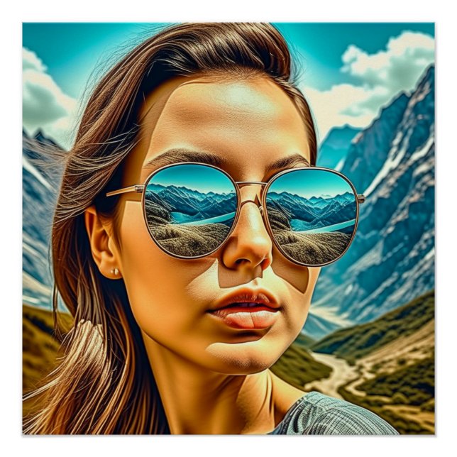 Póster Mujer Hermosa con Gafas de Sol Reflexión de Montañ (Anverso)