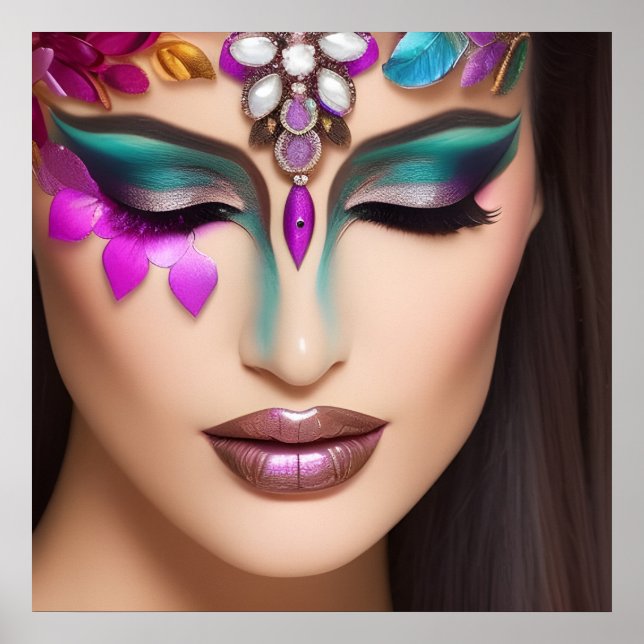 Póster Mujer hermosa con maquillaje facial de joyas (Frente)