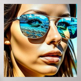 Póster Mujer hermosa con reflejo de gafas de sol de playa