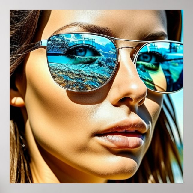 Póster Mujer hermosa con reflejo de gafas de sol de playa (Frente)