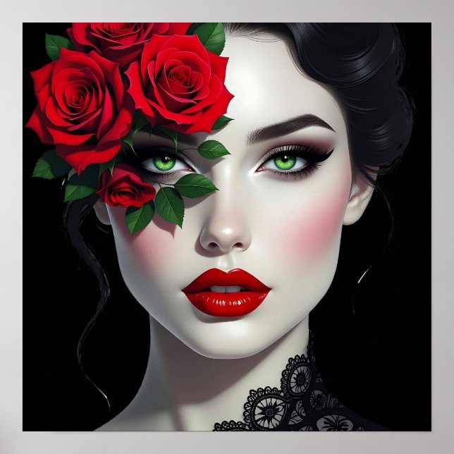 Póster Mujer Hermosa con Rosa Roja (Frente)