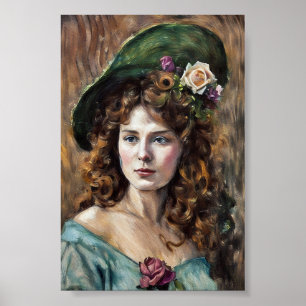 Póster Mujer hermosa con sombrero de flores dibujo de art