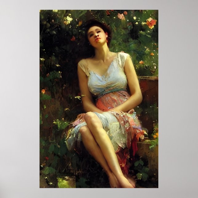 Póster Mujer hermosa en pintura al jardín (Frente)