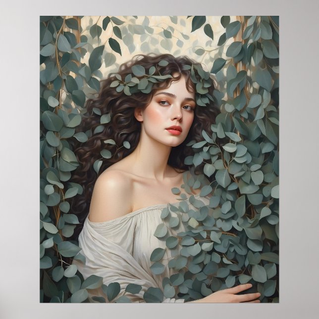 Póster Mujer hermosa entre las hojas de eucalipto (Frente)