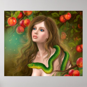 Póster Mujer hermosa Eva y serpiente.