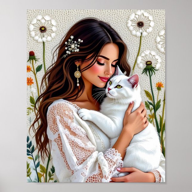 Póster Mujer Hermosa, Gato y Dientes de León (Frente)