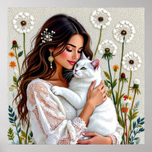 Póster Mujer Hermosa, Gato y Dientes de León
