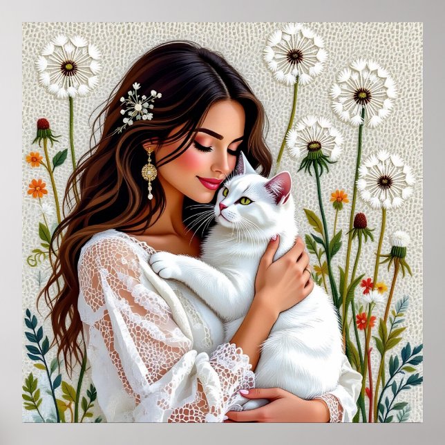 Póster Mujer Hermosa, Gato y Dientes de León (Frente)
