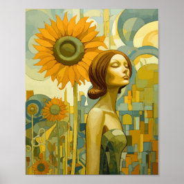 Póster Mujer Hermosa Mirando Al Girasol Del Cielo