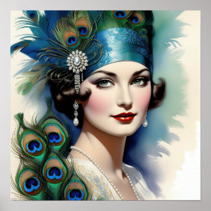 Póster Mujer hermosa pavo real de los felices años veinte