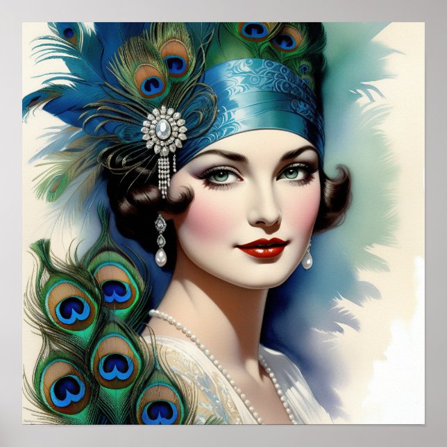 Póster Mujer hermosa pavo real de los felices años veinte (Frente)