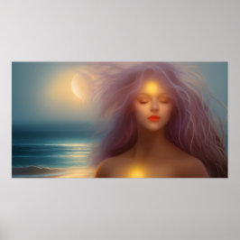 Póster Mujer Hermosa Playa luz de luna océano 4