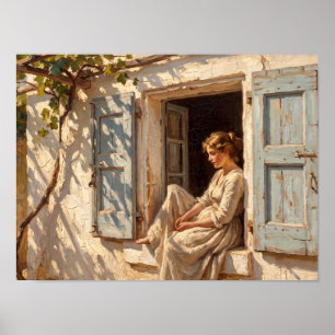 Póster Mujer iluminada por el sol en la ventana con posti