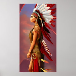 Póster mujer india americana plumas rojas blancas oro