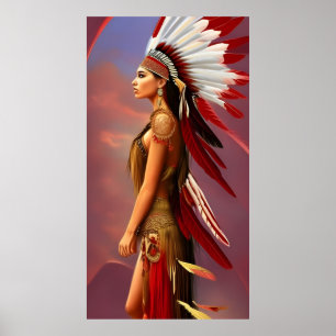 Póster mujer india americana plumas rojas blancas oro