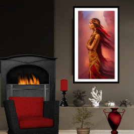 Póster mujer india americana vestido rojo dorado plumas