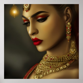 Póster Mujer india asiática hermosa gemas de joyas rojas
