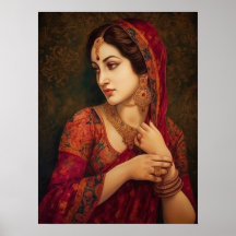 Mujer india en pintura de retrato rojo sari