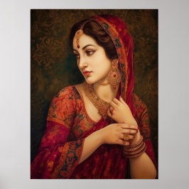 Póster Mujer india en pintura de retrato rojo sari