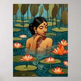 Póster Mujer india en un estanque rodeado de flores de lo