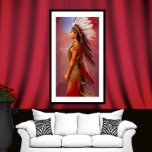 Mujer india norteamericana con plumas de oro rojo 