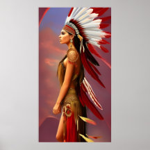 Mujer india norteamericana plumas blancas rojas de