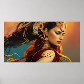 Póster Mujer india Poster de coloridas joyas azules rojas