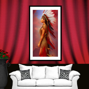 Póster mujer indio americano plumas rojas doradas azules