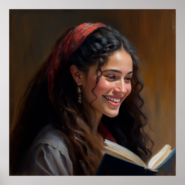 Póster Mujer israelí leyendo pintura al óleo de un libro (Frente)