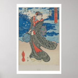 Póster Mujer japonesa a orillas del mar (huella de madera