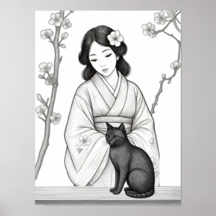 Póster Mujer Japonesa con Gato Negro