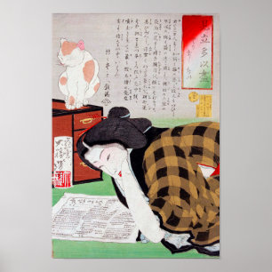 Póster Mujer japonesa con gato, Tsukioka Yoshitoshi