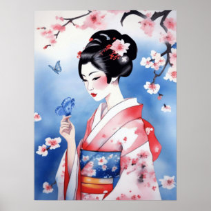 Póster Mujer japonesa con mariposa azul