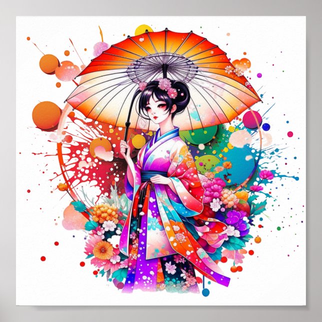 Póster Mujer japonesa hermosa en Kimono Parasol (Frente)