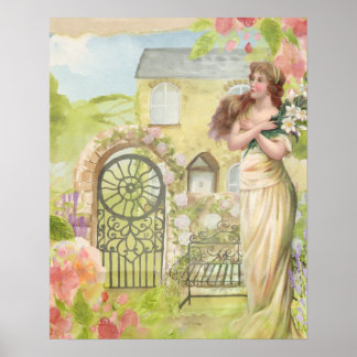 PÓSTER MUJER JARDÍN DE CASA DE CAMPO ROMÁNTICA VINTAGE