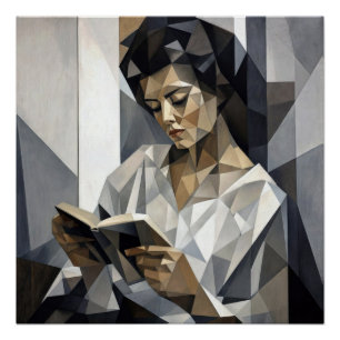 Póster Mujer joven leyendo un libro Forma de arte cubista