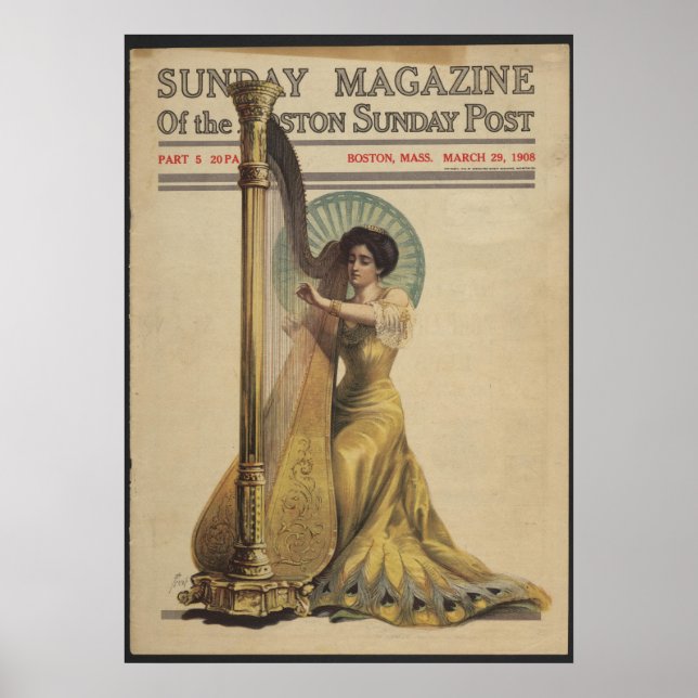 Póster Mujer, Jugando El Arpa, Portada De Revista 1908 (Frente)