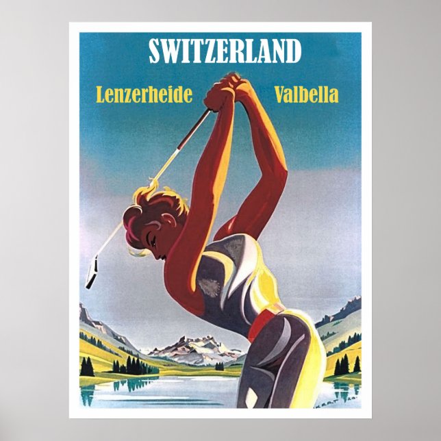 Póster Mujer jugando golf en Suiza, Lenzerheide, Valbella (Frente)