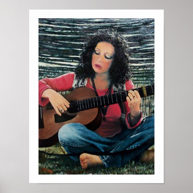 Póster Mujer Jugando Música Con Guitarra Acústica (Frente)