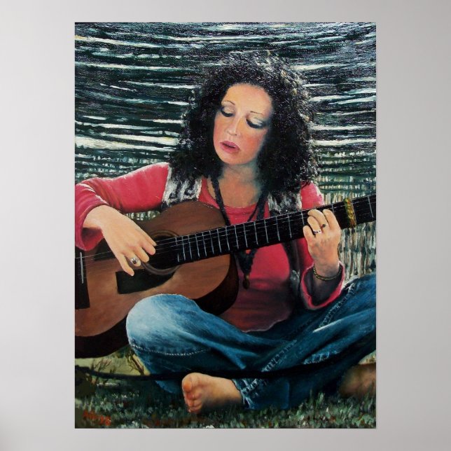 Póster Mujer Jugando Música Con Guitarra Acústica (Frente)
