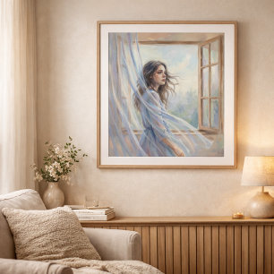 Póster Mujer junto a la ventana Pintura suave de estilo i
