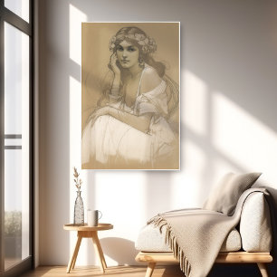 Póster Mujer Lápiz Crayón Blanco Estudio de Retrato Mucha