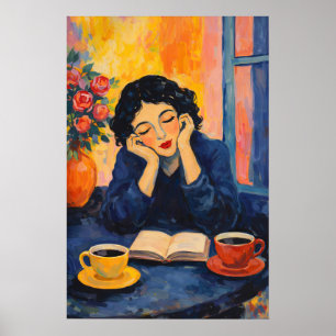 Póster Mujer leyendo cartel de café, impresionista vintag
