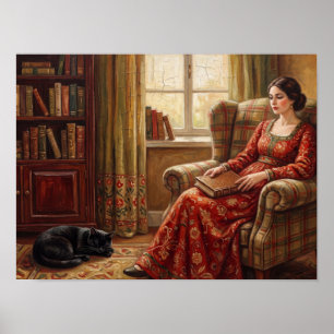 Póster Mujer leyendo con pintura de gato negro