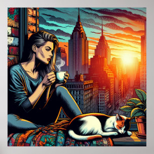 Póster Mujer leyendo en ventana de ciudad con gato y café
