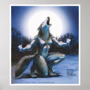 Póster Mujer lobo y luna llena