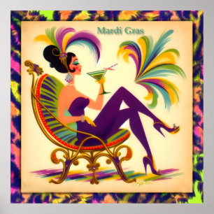 Póster Mujer Mardi Gras De Mediados Del Siglo Con Martini