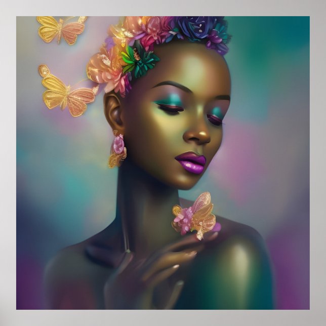 Póster Mujer Mariposa Arcoíris Africana Mágica (Frente)