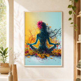Póster Mujer Meditando Loto Postura de Yoga Flores Colori