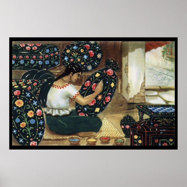 Póster Mujer mexicana pintando platos vivos y coloridos p (Frente)